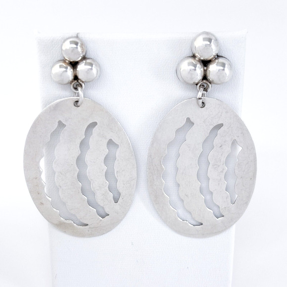 Vintage Mexico Sterling Silver 925 Cutout Oval Drop Statement Earrings - Picture 1 of 8